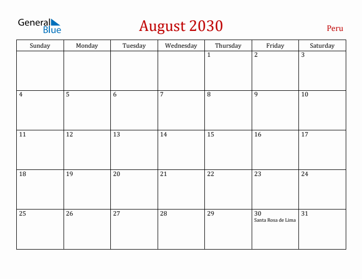 Peru August 2030 Calendar - Sunday Start