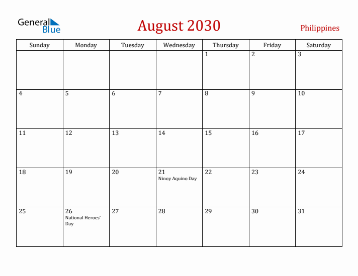 Philippines August 2030 Calendar - Sunday Start