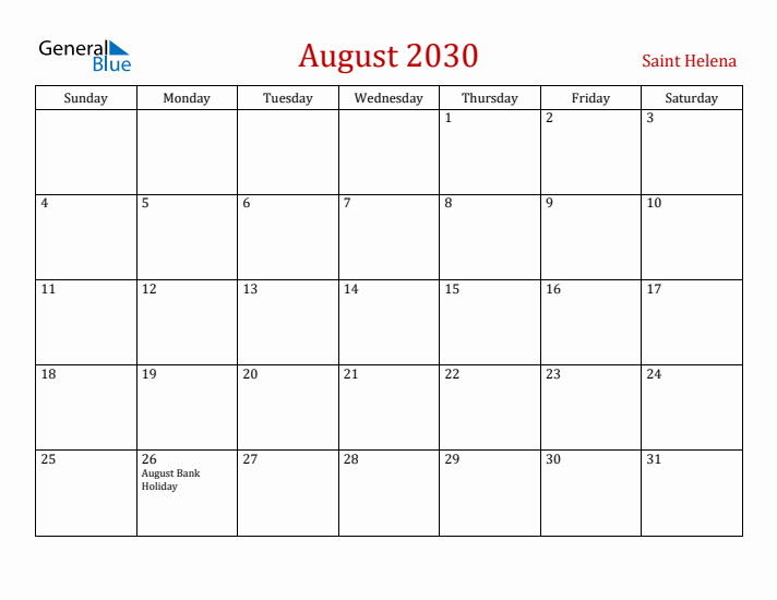 Saint Helena August 2030 Calendar - Sunday Start