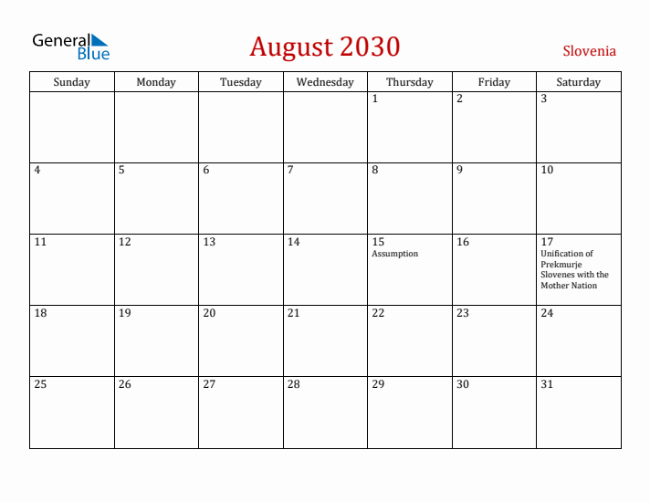 Slovenia August 2030 Calendar - Sunday Start