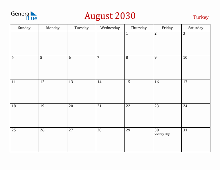 Turkey August 2030 Calendar - Sunday Start