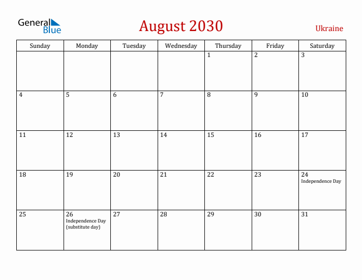 Ukraine August 2030 Calendar - Sunday Start