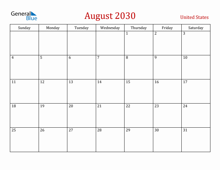 United States August 2030 Calendar - Sunday Start