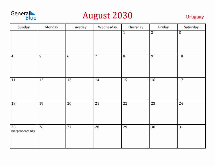 Uruguay August 2030 Calendar - Sunday Start