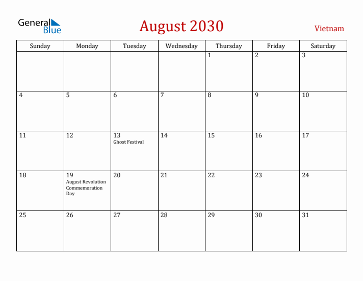 Vietnam August 2030 Calendar - Sunday Start