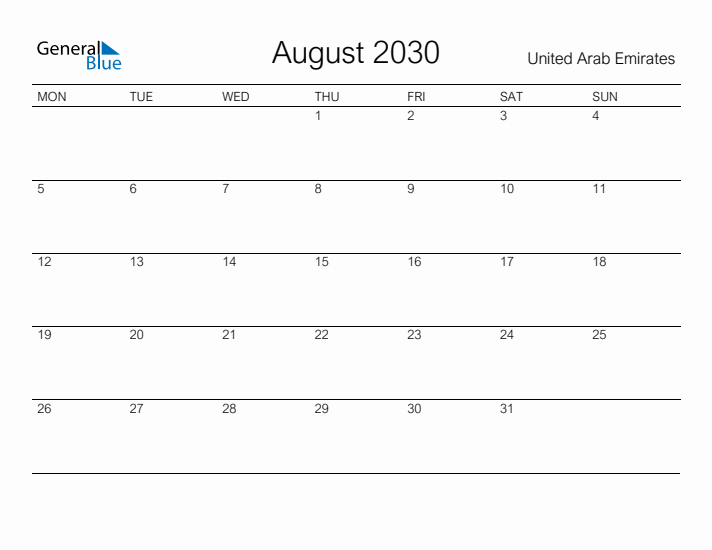 Printable August 2030 Calendar for United Arab Emirates
