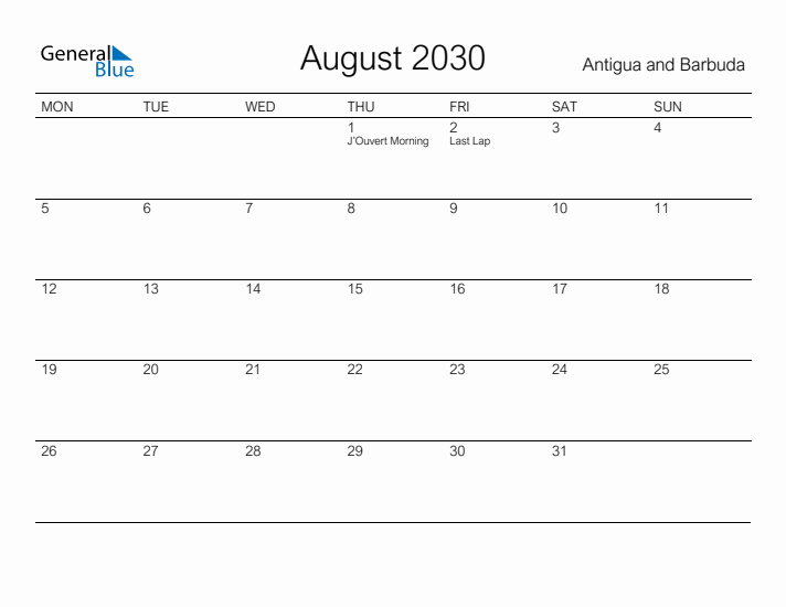 Printable August 2030 Calendar for Antigua and Barbuda