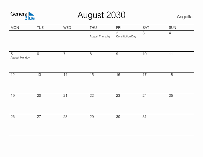 Printable August 2030 Calendar for Anguilla
