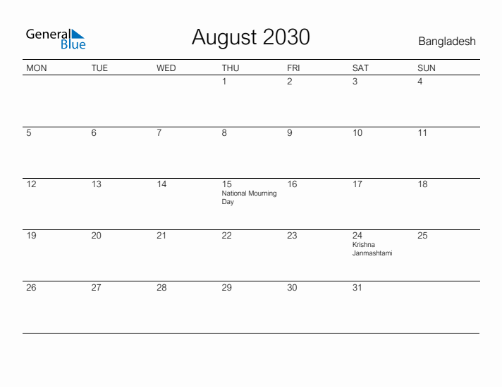 Printable August 2030 Calendar for Bangladesh