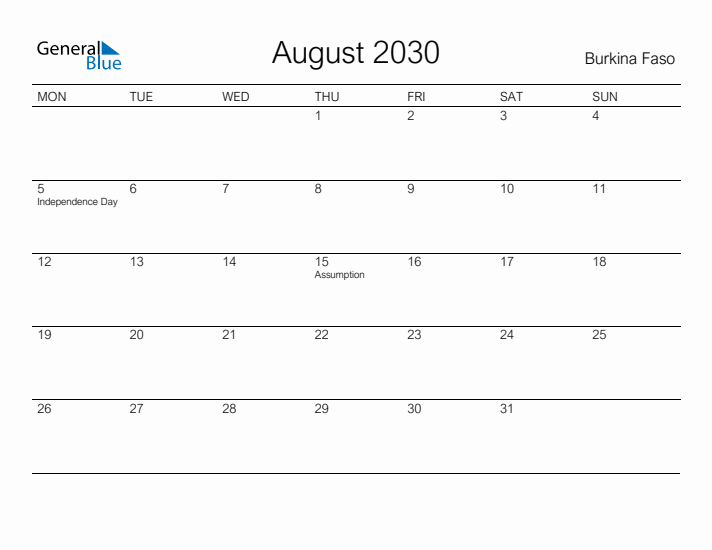 Printable August 2030 Calendar for Burkina Faso
