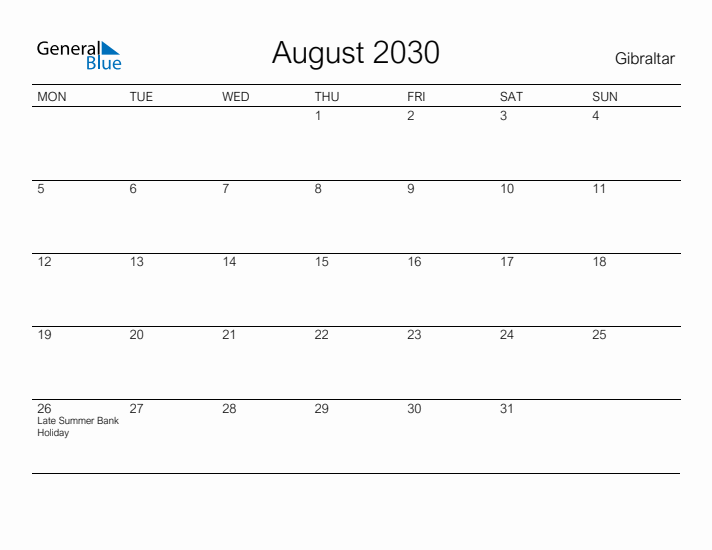 Printable August 2030 Calendar for Gibraltar