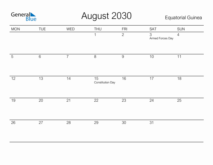 Printable August 2030 Calendar for Equatorial Guinea