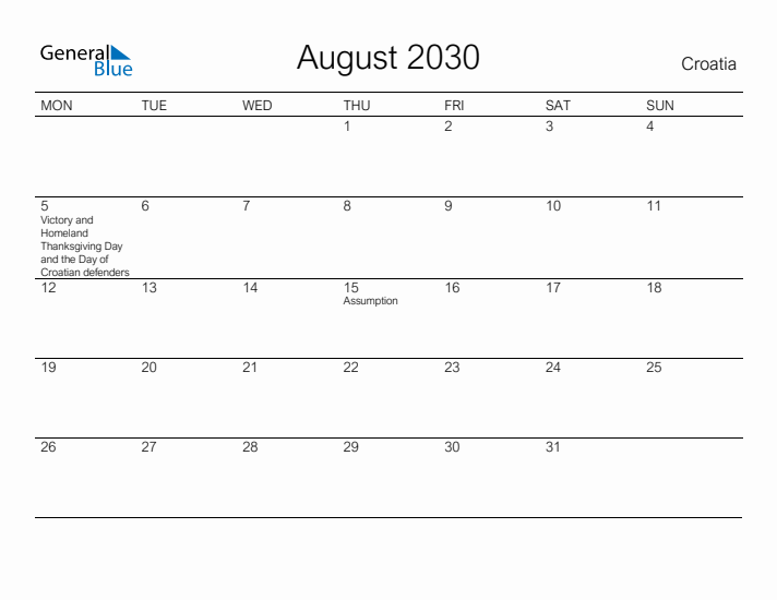 Printable August 2030 Calendar for Croatia
