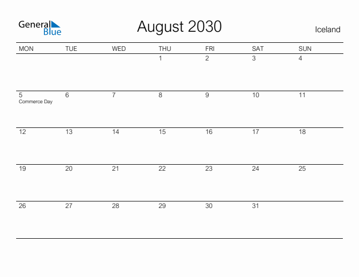 Printable August 2030 Calendar for Iceland