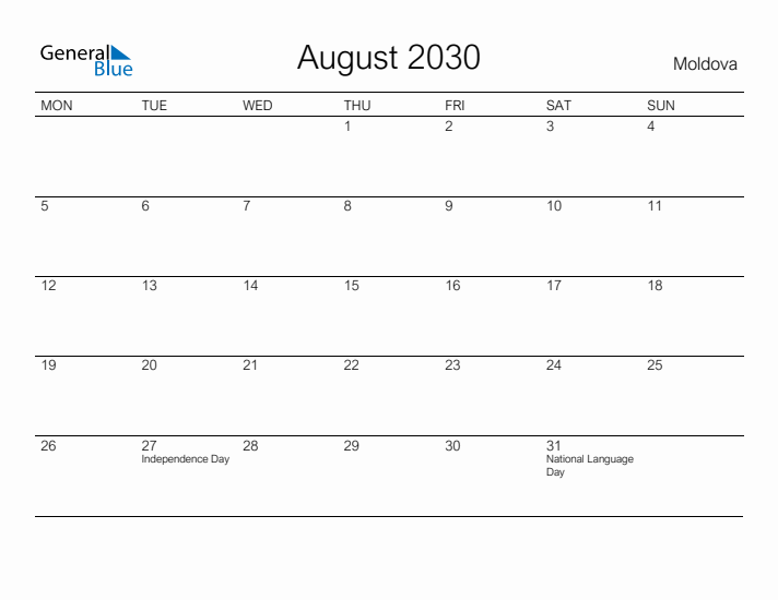 Printable August 2030 Calendar for Moldova