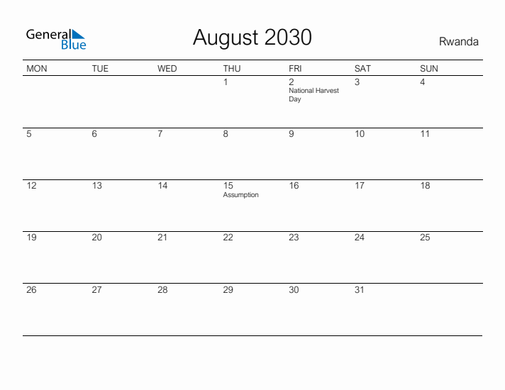 Printable August 2030 Calendar for Rwanda