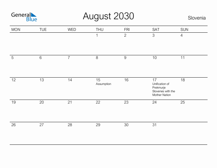 Printable August 2030 Calendar for Slovenia