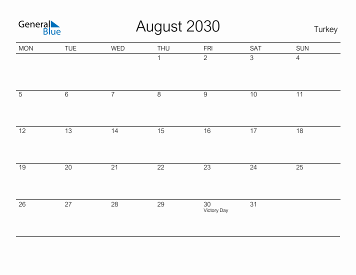 Printable August 2030 Calendar for Turkey