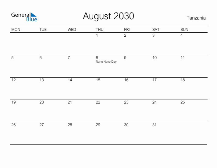 Printable August 2030 Calendar for Tanzania