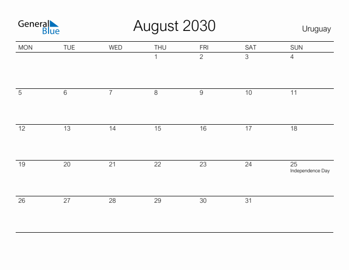 Printable August 2030 Calendar for Uruguay
