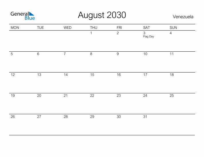 Printable August 2030 Calendar for Venezuela