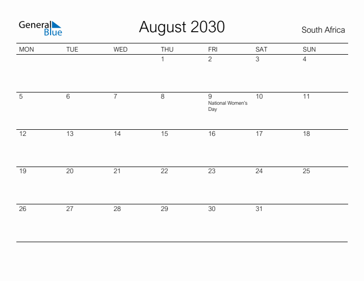 Printable August 2030 Calendar for South Africa