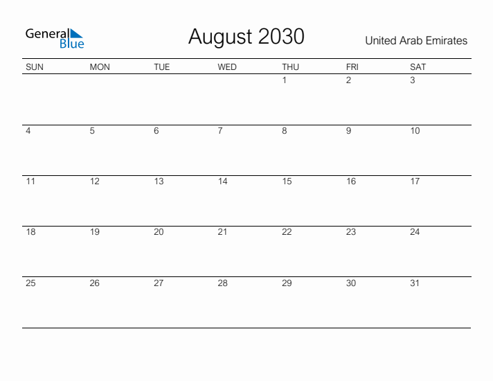 Printable August 2030 Calendar for United Arab Emirates