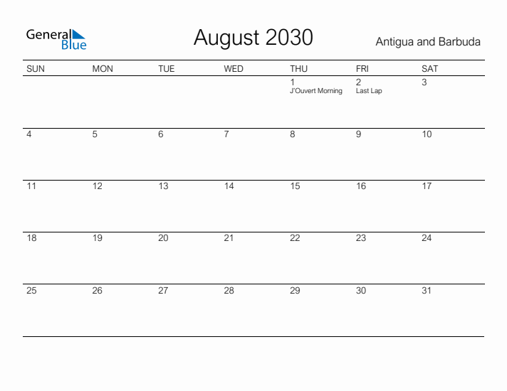 Printable August 2030 Calendar for Antigua and Barbuda