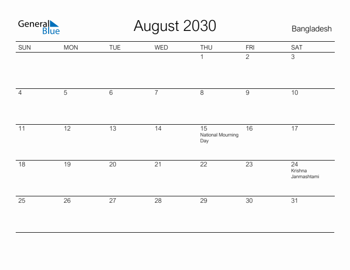 Printable August 2030 Calendar for Bangladesh