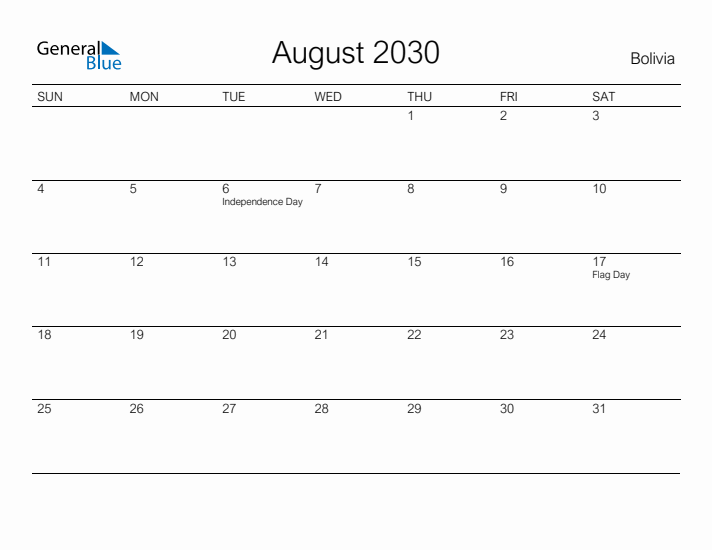 Printable August 2030 Calendar for Bolivia