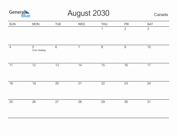Printable August 2030 Calendar for Canada