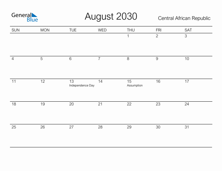 Printable August 2030 Calendar for Central African Republic