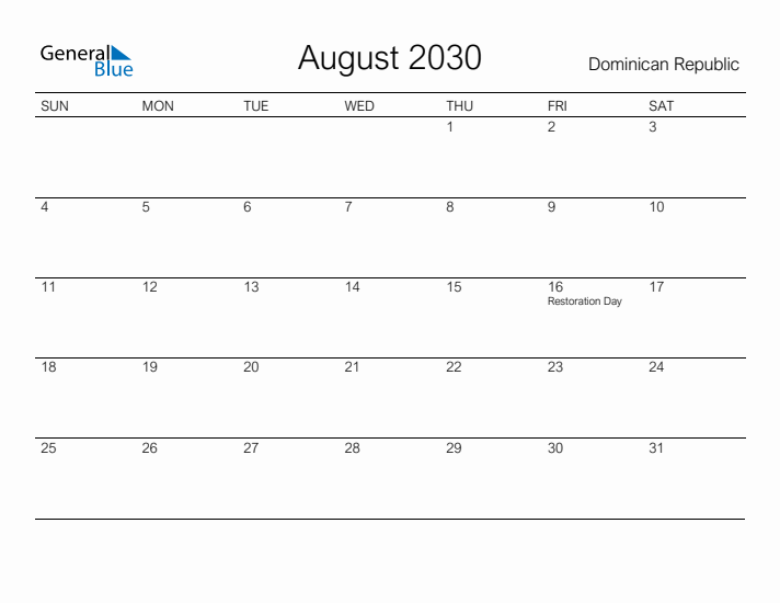 Printable August 2030 Calendar for Dominican Republic