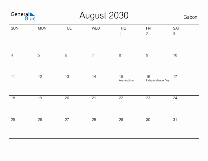 Printable August 2030 Calendar for Gabon