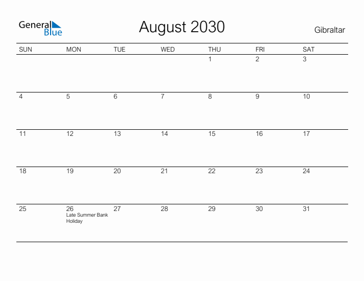 Printable August 2030 Calendar for Gibraltar