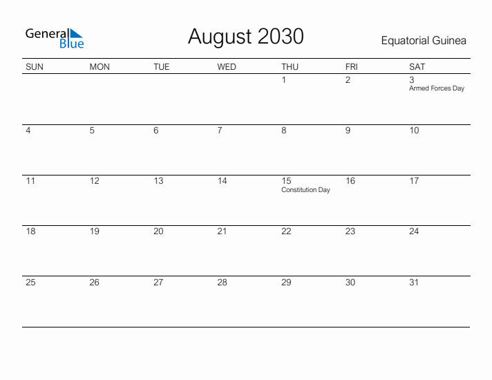 Printable August 2030 Calendar for Equatorial Guinea