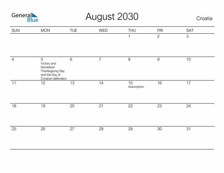 Printable August 2030 Calendar for Croatia