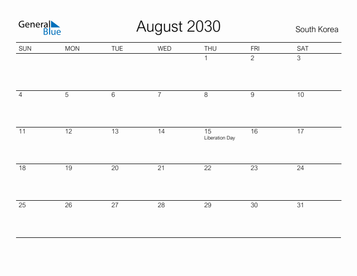 Printable August 2030 Calendar for South Korea