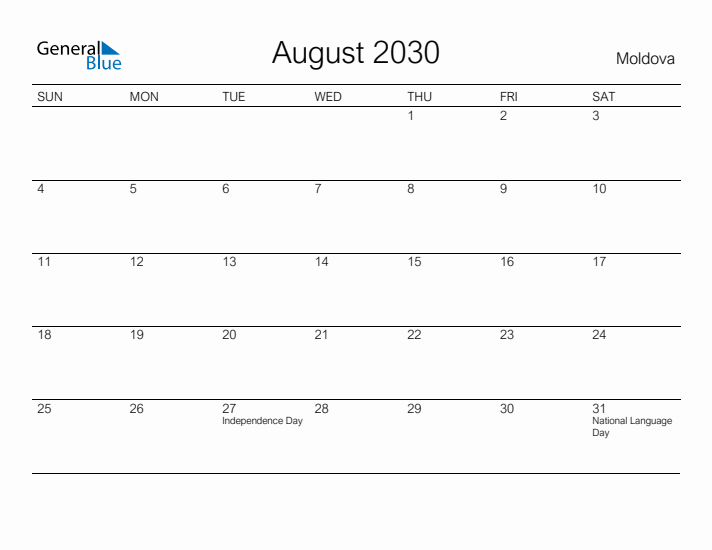 Printable August 2030 Calendar for Moldova