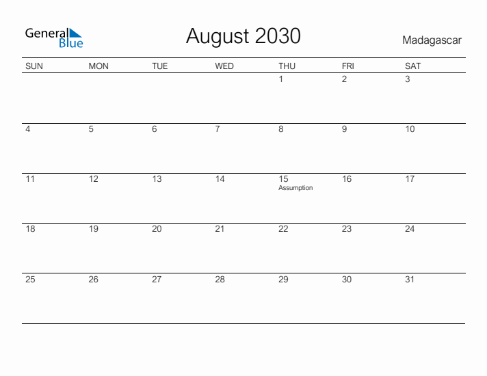 Printable August 2030 Calendar for Madagascar