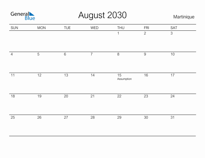 Printable August 2030 Calendar for Martinique