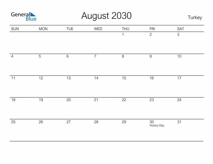 Printable August 2030 Calendar for Turkey