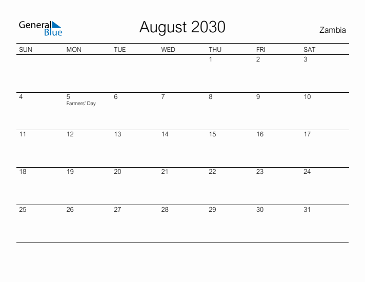 Printable August 2030 Calendar for Zambia