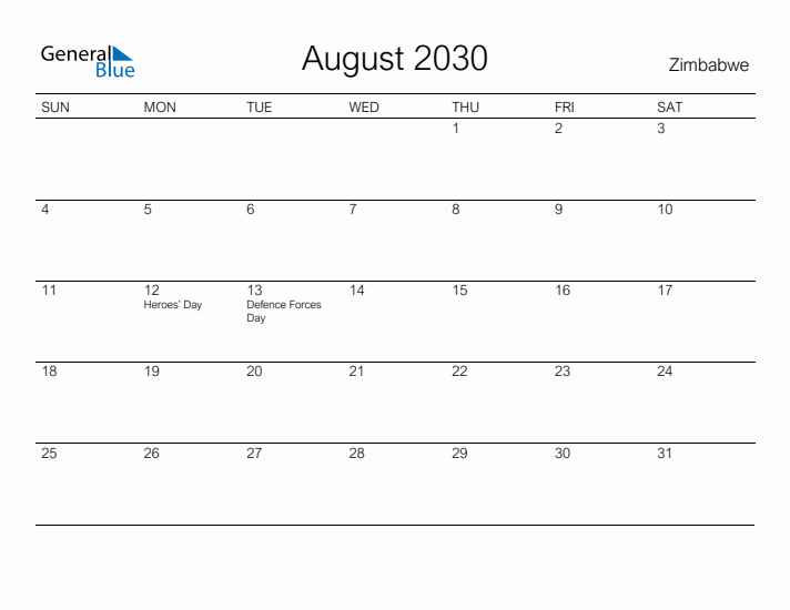 Printable August 2030 Calendar for Zimbabwe