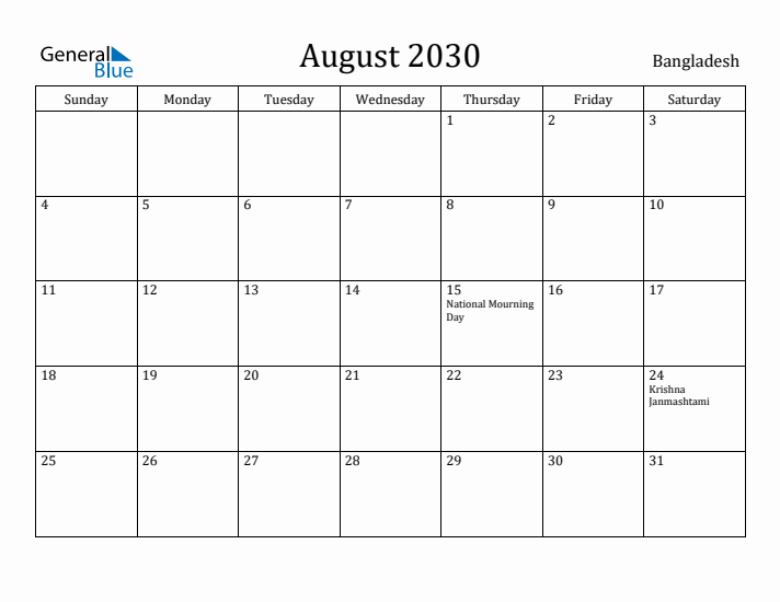 August 2030 Calendar Bangladesh