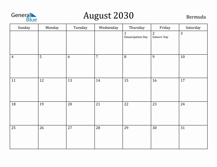 August 2030 Calendar Bermuda