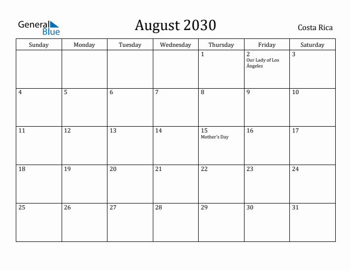 August 2030 Calendar Costa Rica