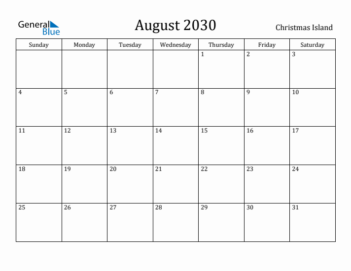 August 2030 Calendar Christmas Island