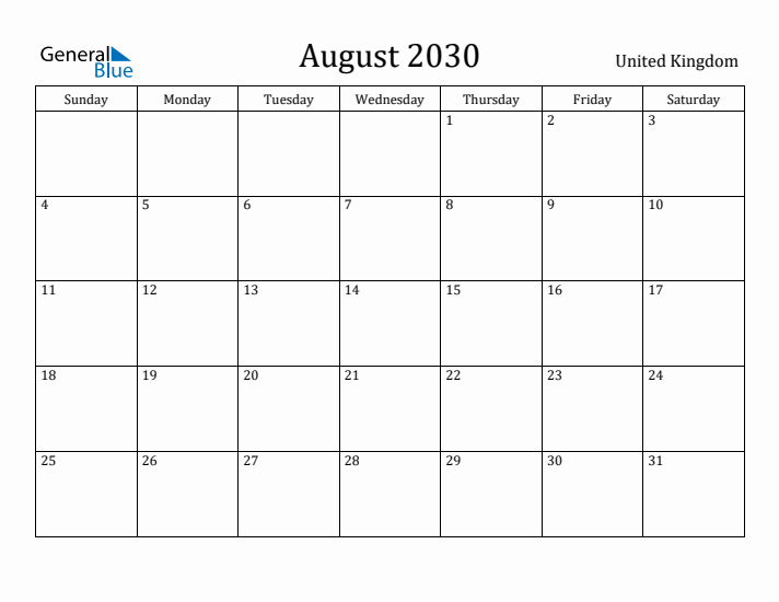 August 2030 Calendar United Kingdom