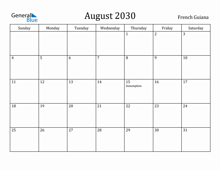 August 2030 Calendar French Guiana